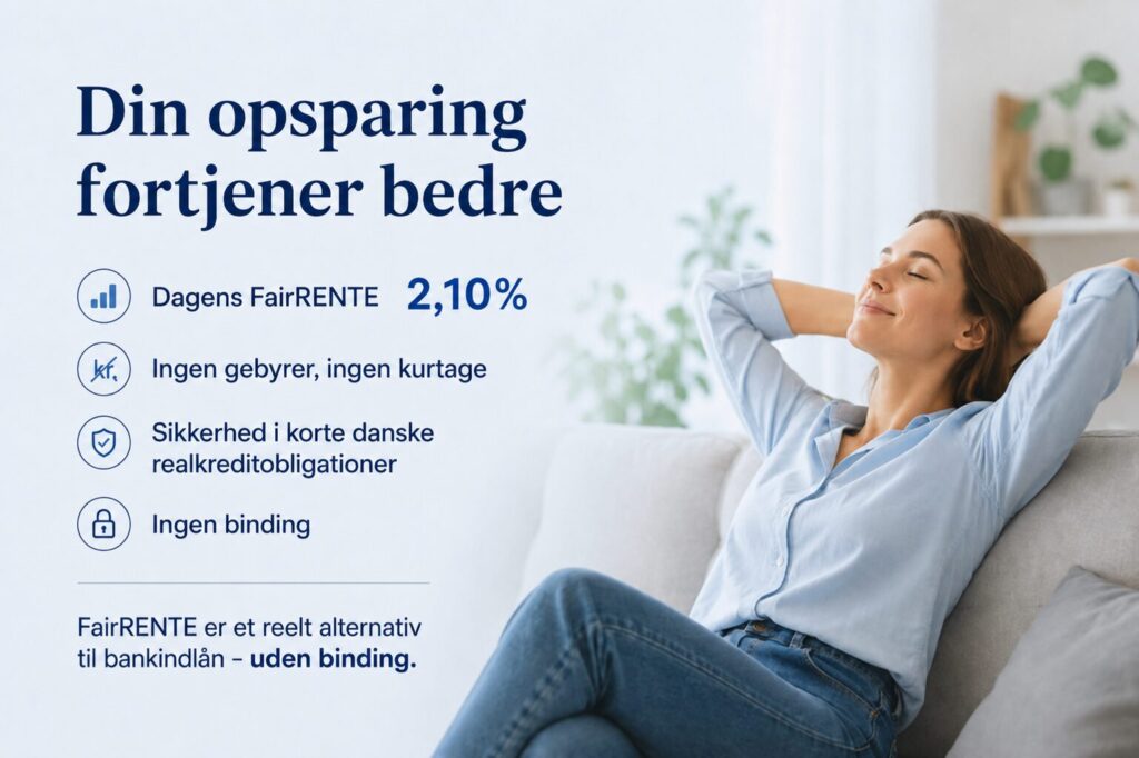 Få markedsrente med FairRENTE. Dagens FairRENTE 2,10% efter omkostninger, ingen binding, ingen kurtage og investering i korte danske stats- og realkreditobligationer.