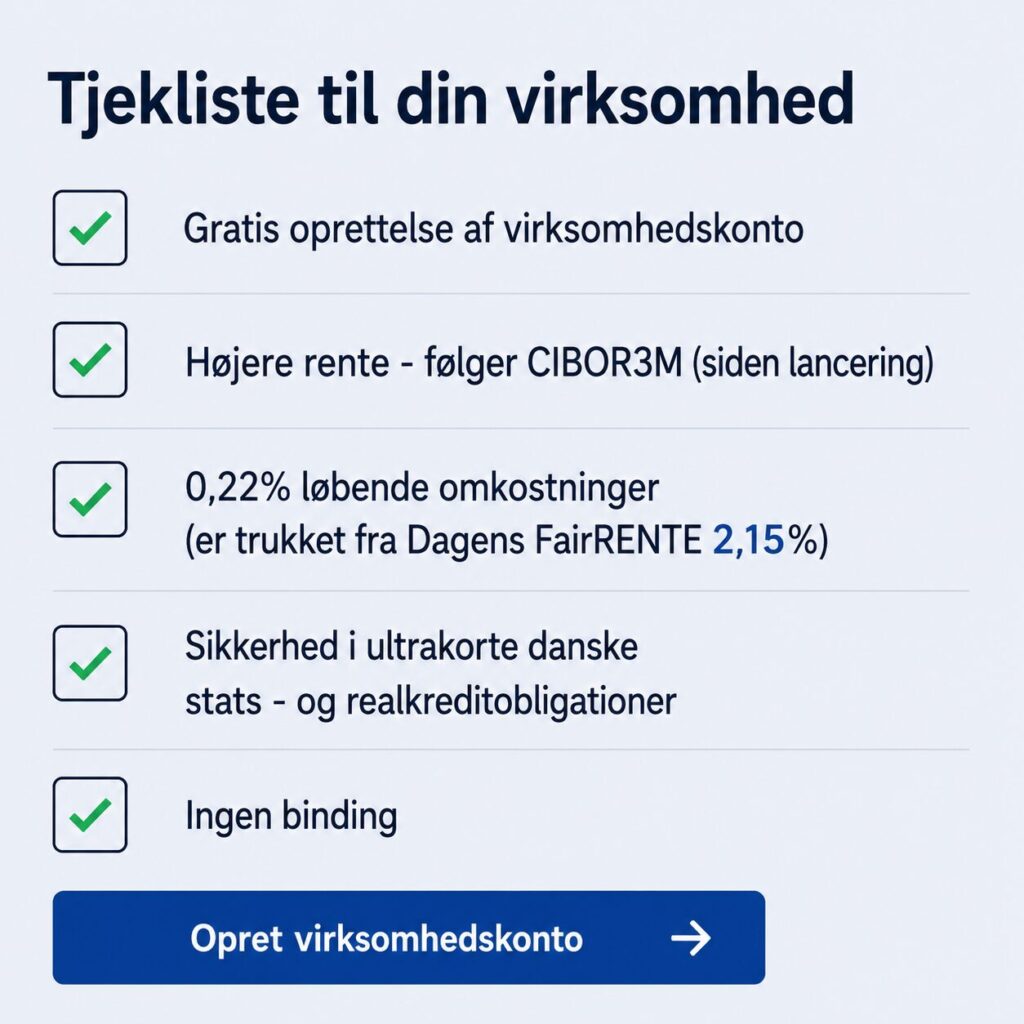 Har din virksomhed overskudslikviditet? Få markedsrenten med FairRENTE – daglig likviditet, ingen binding og lav investeringsrisiko.