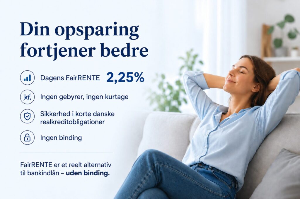 Få 2,25% i FairRENTE uden binding. Et reelt alternativ til bankindlån med korte danske realkreditobligationer, lave omkostninger og daglig likviditet.